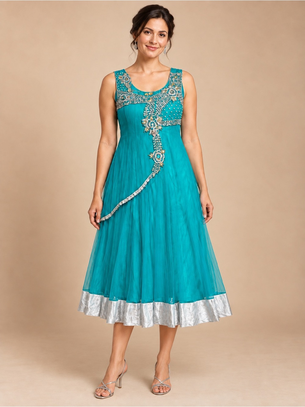 Turquoise Beaded Rhinestone Dress Silver Trim Sleeveless Asymmetric Overlay